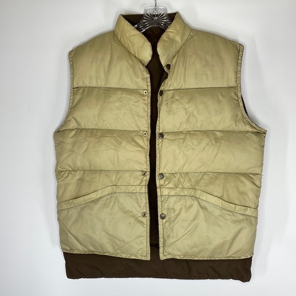 Vintage Stearns Reversible Tan Brown Goose Down Puffer Vest Size Medium 80s - Picture 1 of 11